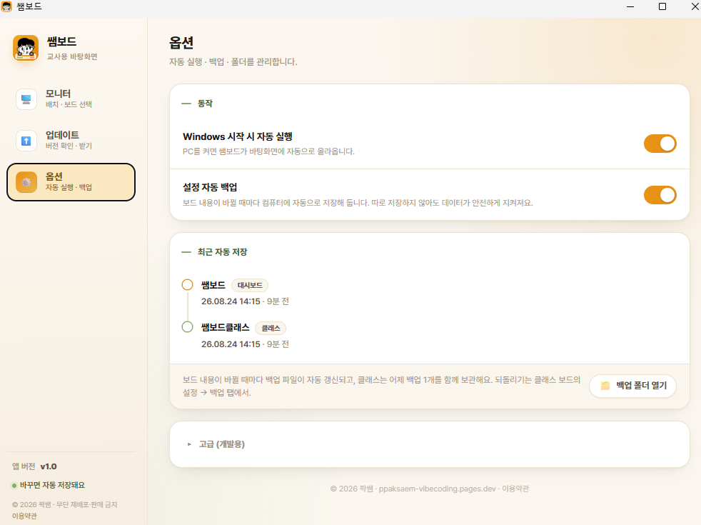 설정 창 옵션 탭 - 자동 실행과 자동 백업